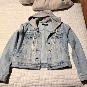 Kut from the Kloth Blue Denim Jacket with Gray Hood